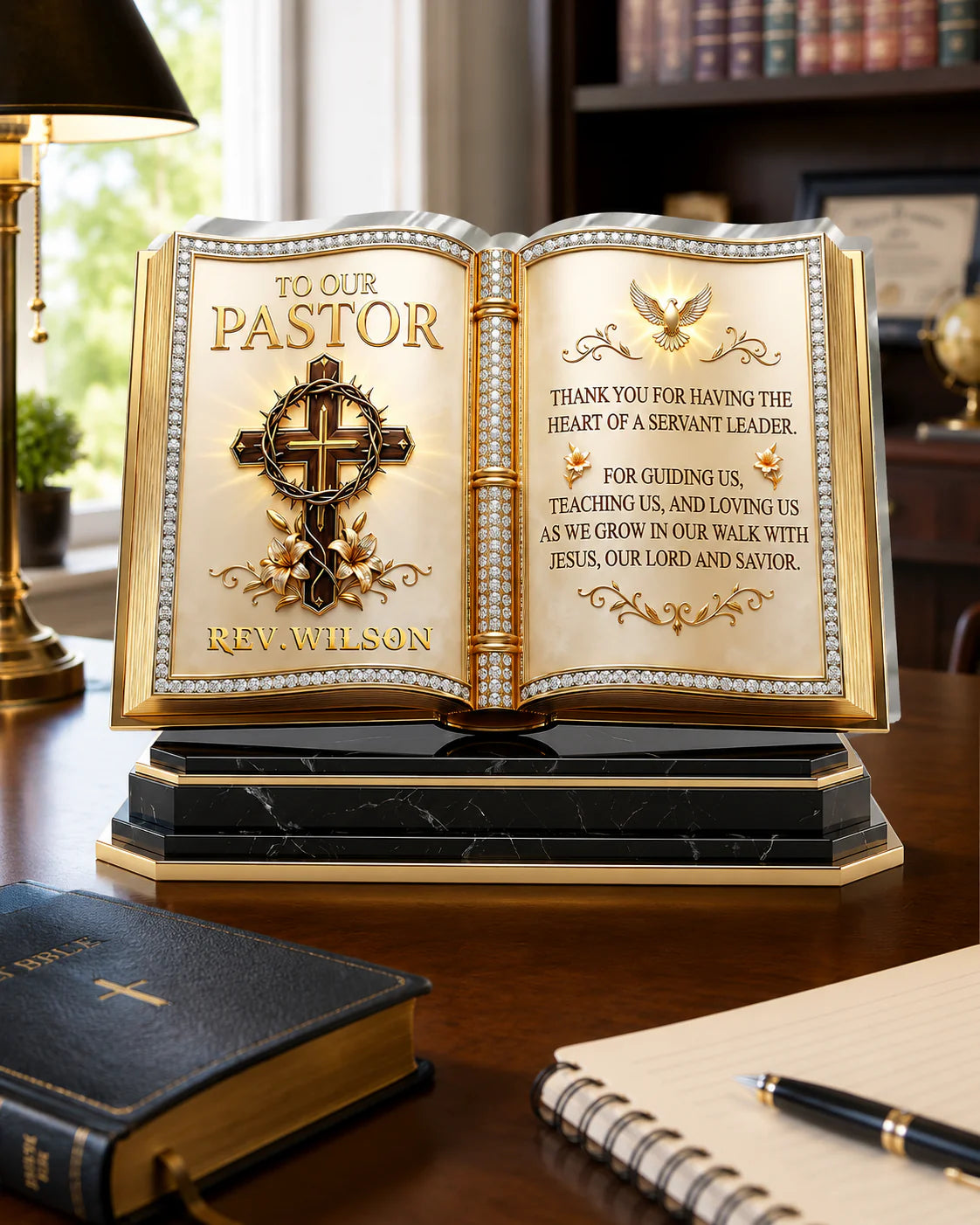 Personalized pastor appreciation gift plaque shaped like an open golden book with a cross and custom minister name image 6