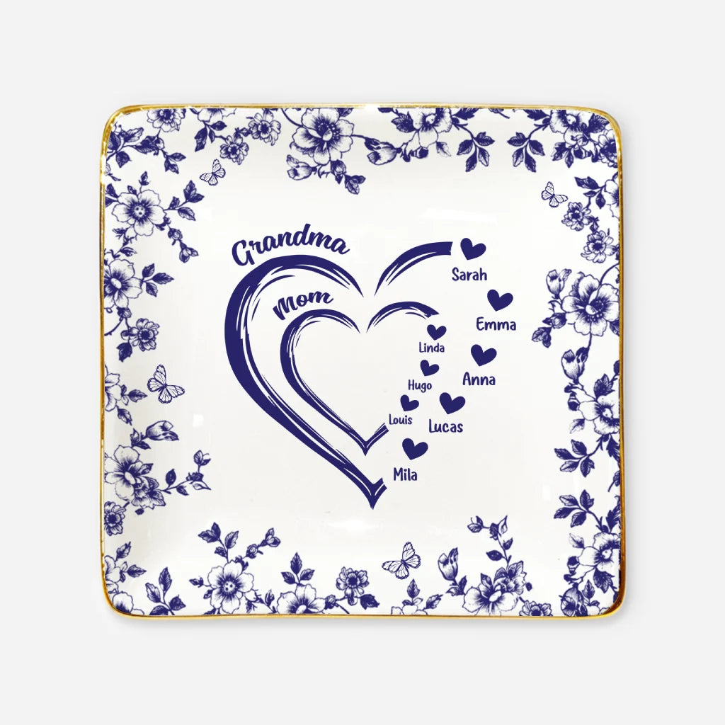 Grandma Mom Heart Personalized Ceramic Jewelry Dish - Custom Ring Trinket Tray Gift for Her