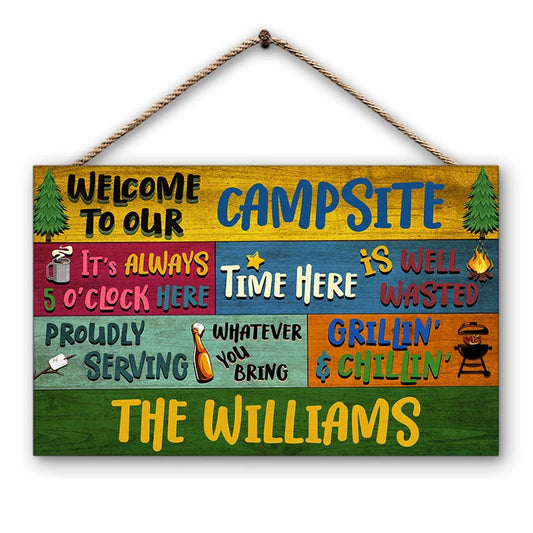 Welcome To Our Campsite Personalized Campsite Sign - Custom Wood Rectangle Sign for Outdoor Grill Decor