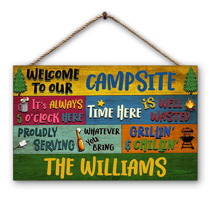 Welcome To Our Campsite Personalized Campsite Sign - Custom Wood Rectangle Sign for Outdoor Grill Decor