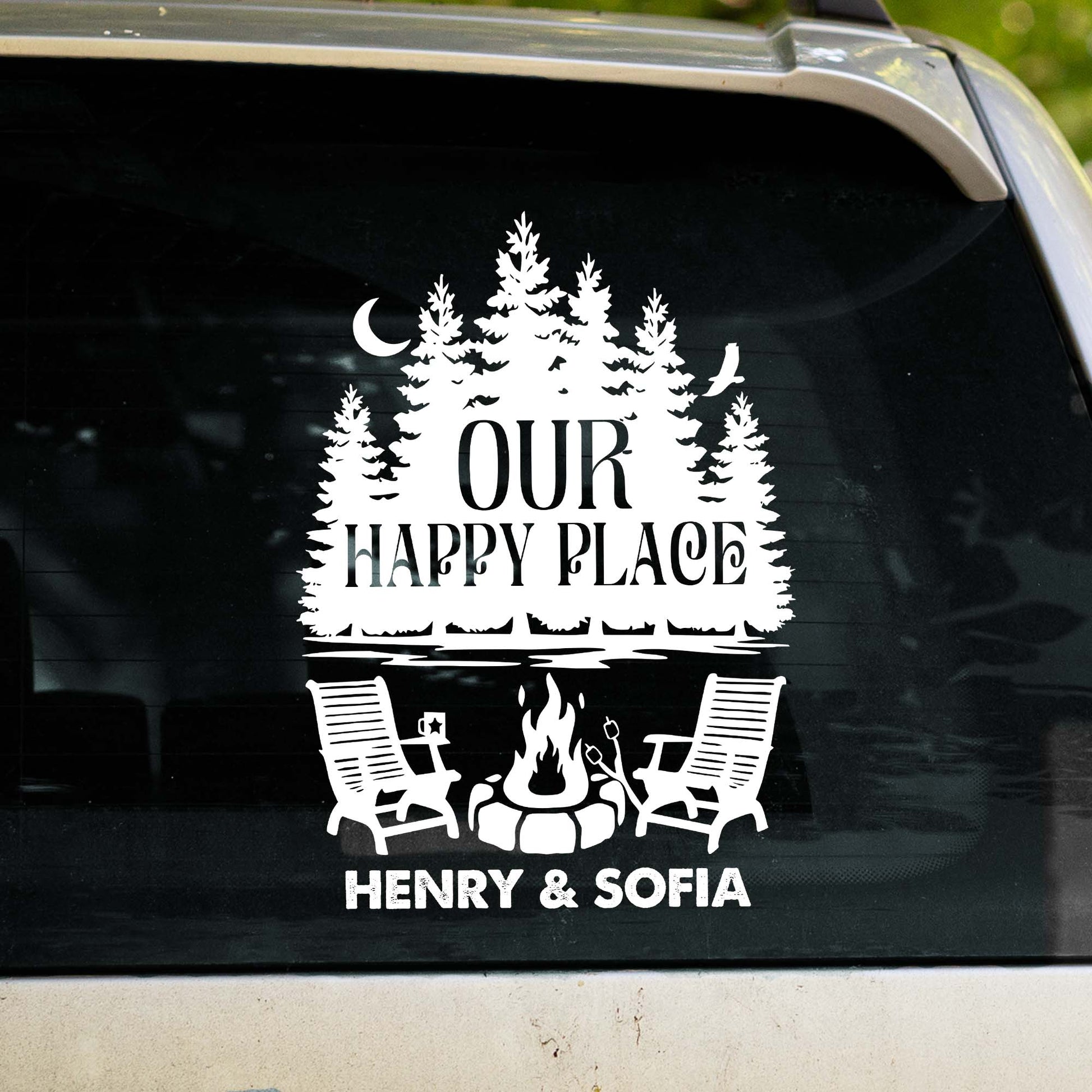 Our Happy Place With Trees, Campfire, And Chairs
