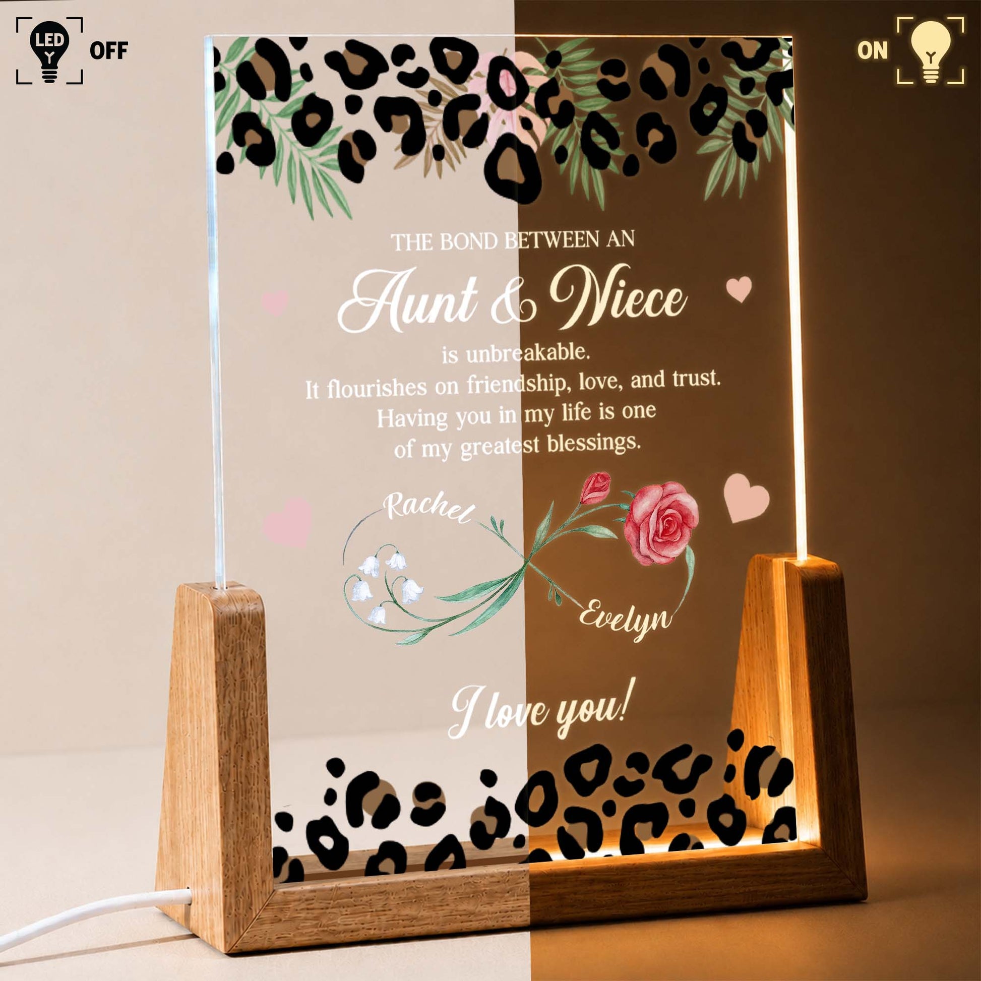Personalized aunt and niece night light with custom birth flowers and leopard print on a warm LED wooden base image 6