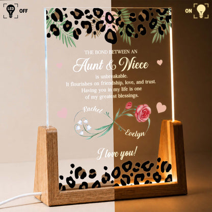 Personalized aunt and niece night light with custom birth flowers and leopard print on a warm LED wooden base image 6
