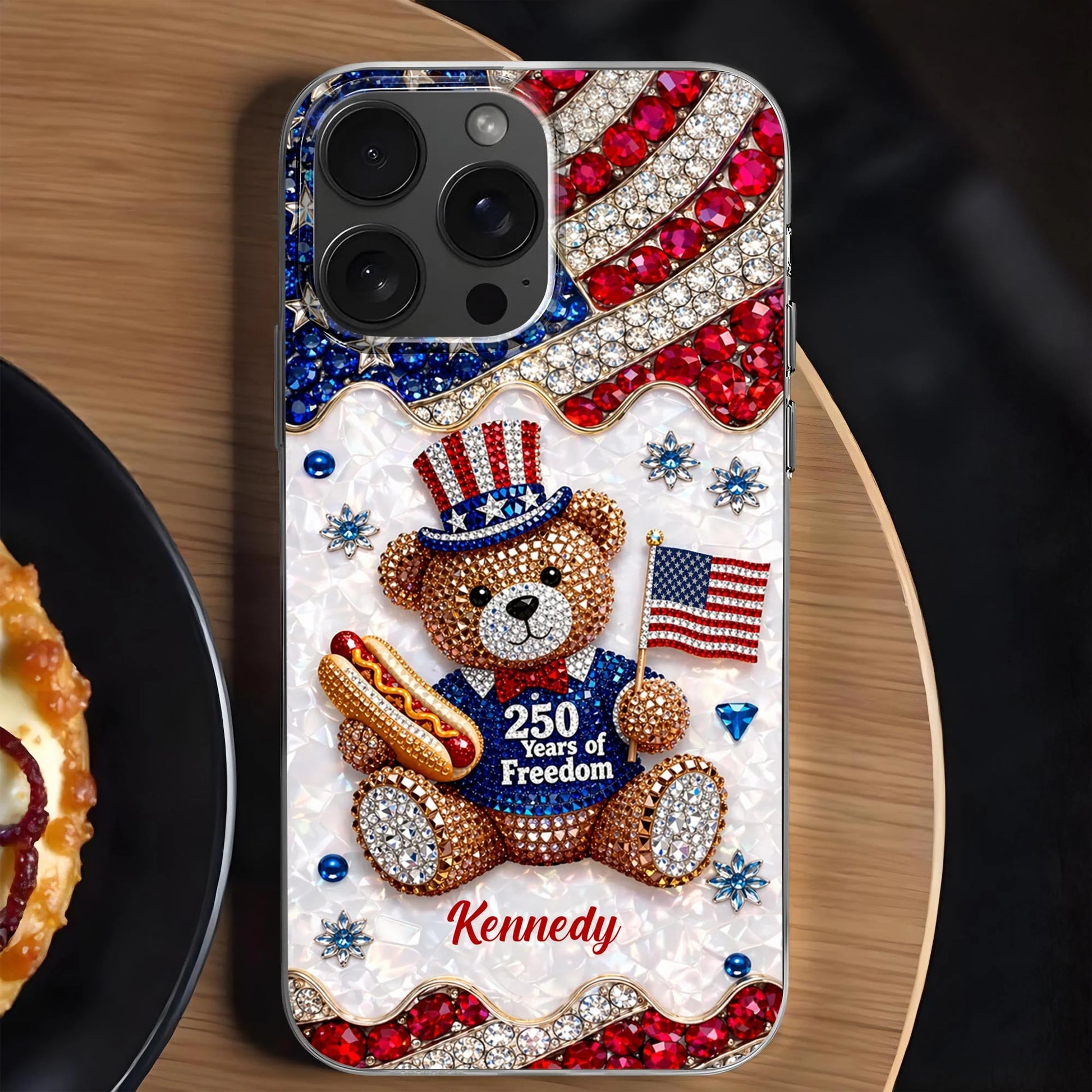 Patriotic clear phone case with 250 Years of Freedom teddy bear and custom name for iPhone and Samsung