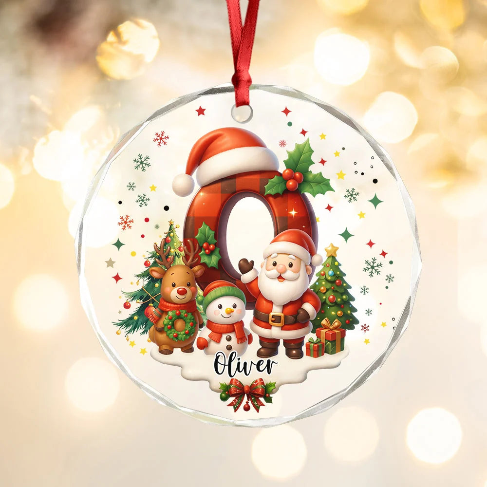 Personalized Christmas Glass Ornament with Buffalo Plaid Letter & Name - Custom Holiday Gift for Kids & Family