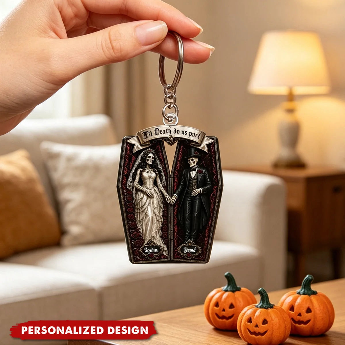 "Til Death Do Us Part" Skeleton Couple Coffin Personalized Acrylic Keychain - Custom Gothic Halloween Gift for Couples