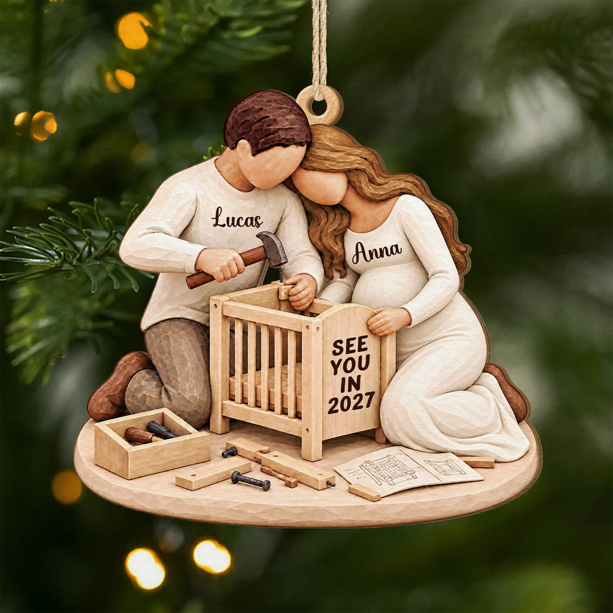 See You In 2027 Personalized Wooden Ornament - Expecting Couples Building Crib Pregnancy Gift