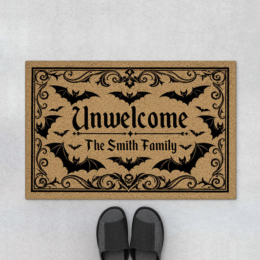 Custom Halloween doormat with bats and Unwelcome family name quote for porch decoration
