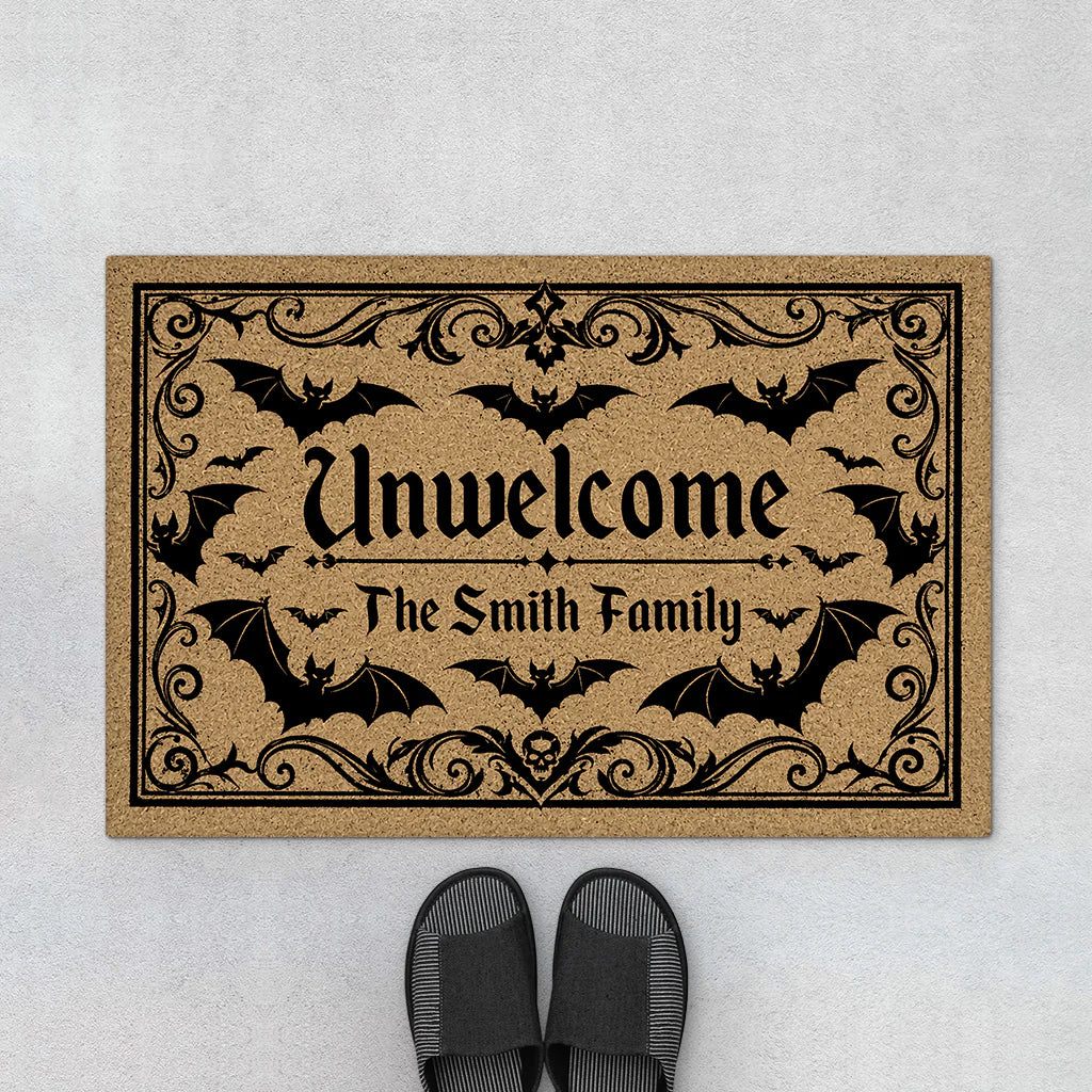 Custom Halloween doormat with bats and Unwelcome family name quote for porch decoration