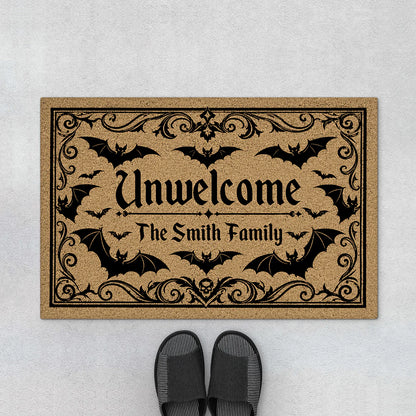 Custom Halloween doormat with bats and Unwelcome family name quote for porch decoration
