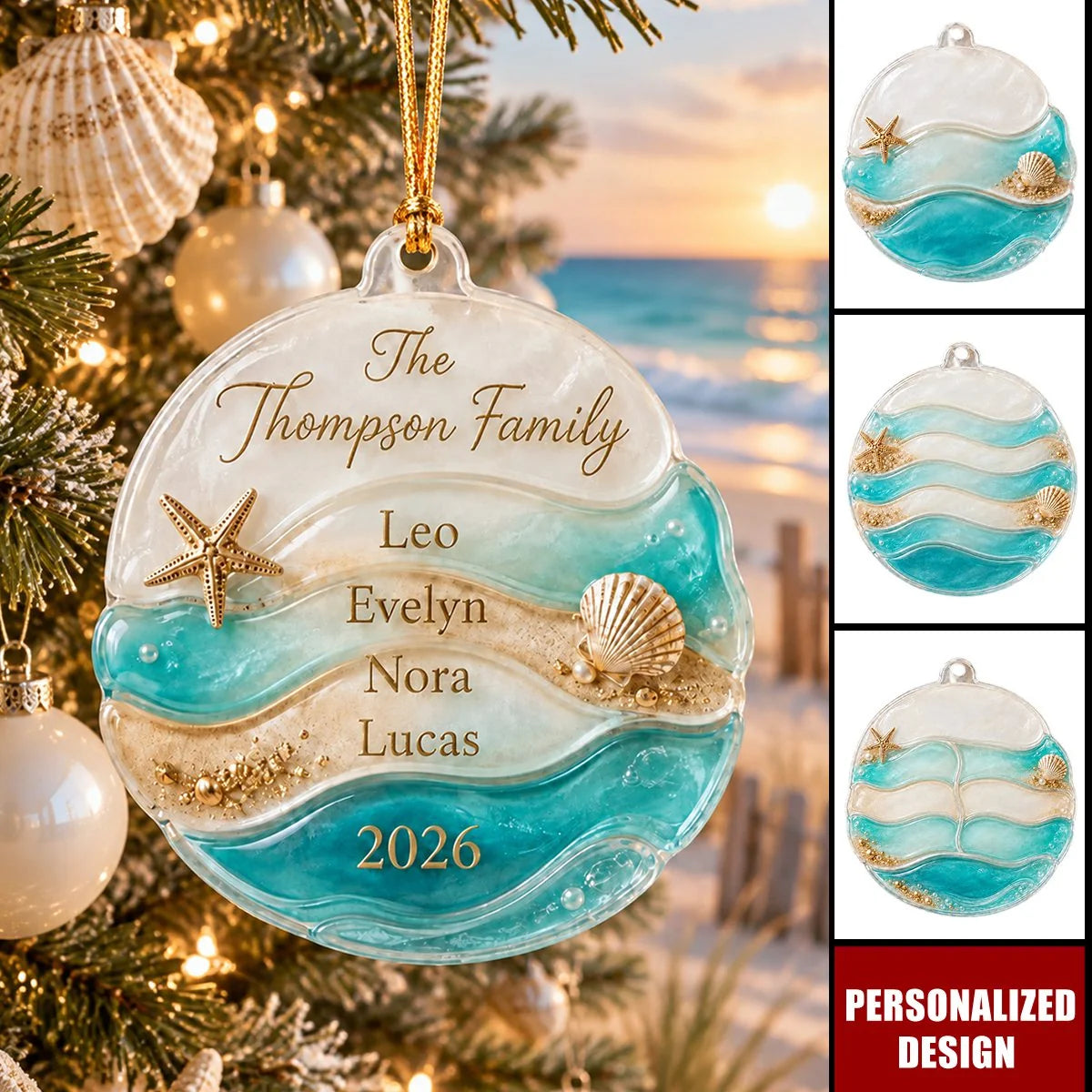 Coastal Ocean Waves Custom Family Beach Ornament - Personalized Keepsake Christmas Holiday Decor for Family
