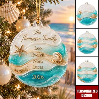 Coastal Ocean Waves Custom Family Beach Ornament - Personalized Keepsake Christmas Holiday Decor for Family