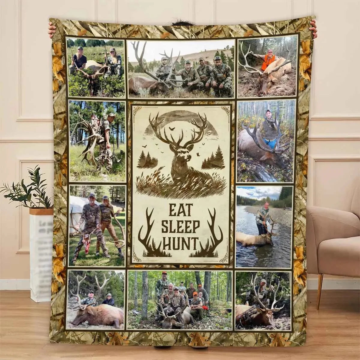 "Life Is Better In The Woods" Personalized Elk Hunting Blanket - Custom Photo Keepsake for Dad Grandpa
