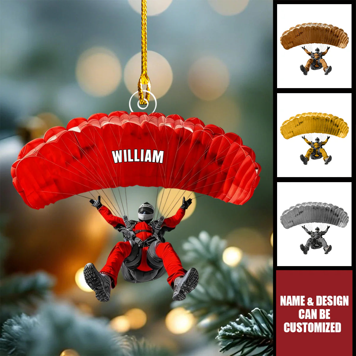 Personalized skydiver Christmas ornament with custom name print for skydiving lovers