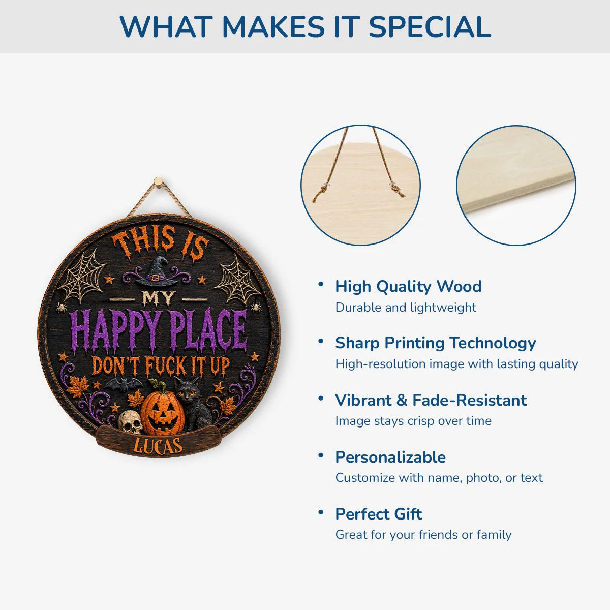 "This Is My Happy Place Don't Fuck It Up" Custom Halloween Wood Sign - Personalized Spooky Door Hanger Decor