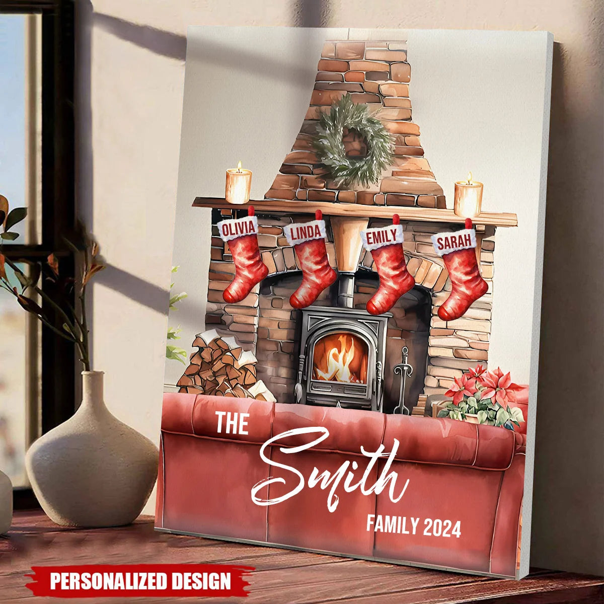 Personalized Family Christmas Canvas / Poster - Custom Fireplace Stockings Wall Art for Holiday Home Decor