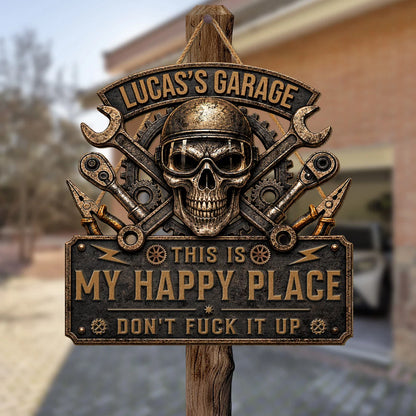 This Is My Happy Place Skull Garage Wood Sign - Personalized Workshop Plaque Gift for Dad