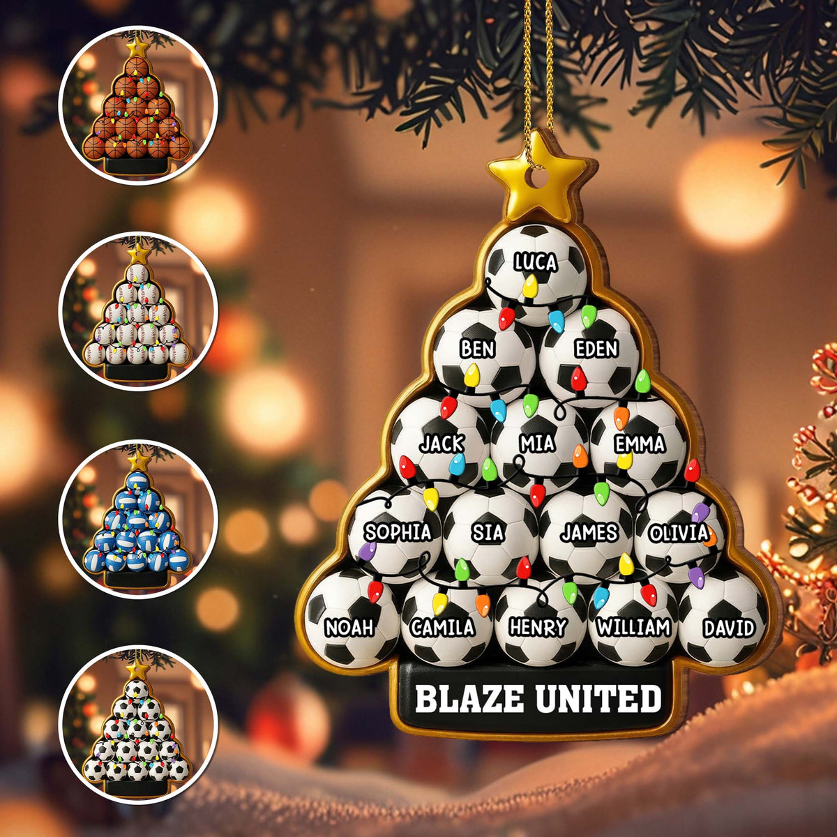 Soccer Team Christmas Lights Wooden Ornament - Custom Gift for Players