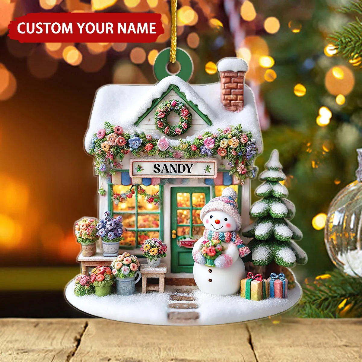 Custom Floral Shop Snowman Name Wooden Ornament - Personalized Christmas Keepsake Gift for Flower Lovers