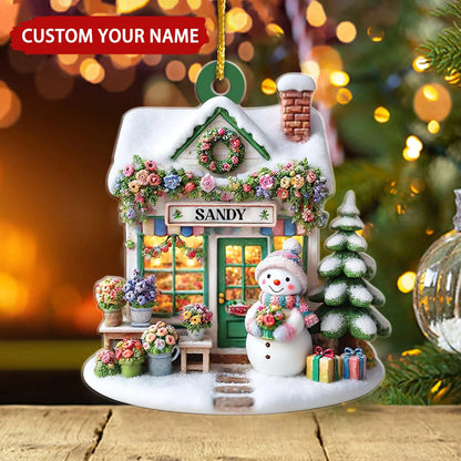 Custom Floral Shop Snowman Name Wooden Ornament - Personalized Christmas Keepsake Gift for Flower Lovers