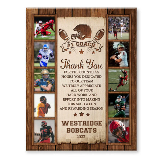 Personalized football coach gift canvas featuring custom team photo collage with rustic wood background design