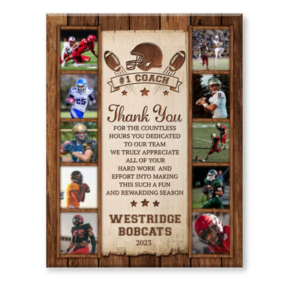 Personalized football coach gift canvas featuring custom team photo collage with rustic wood background design