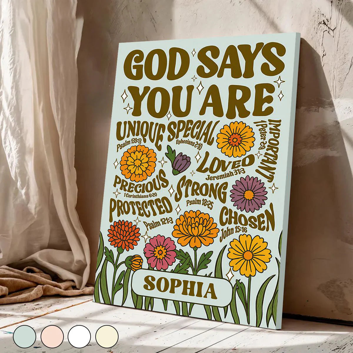Personalized God Says You Are canvas poster with custom name Sophia and colorful retro birth flowers