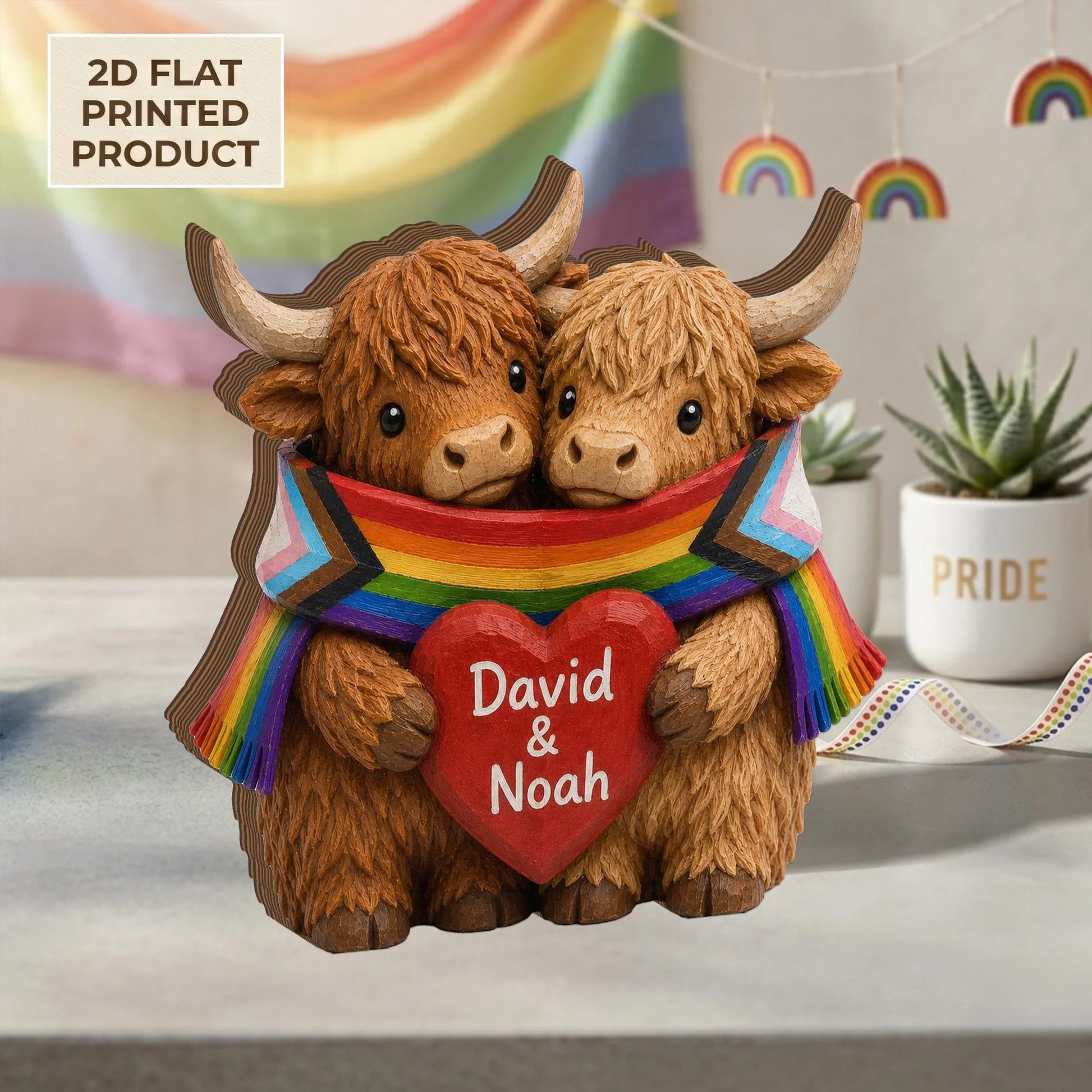 Personalized Rainbow Highland Cow Wooden Block - Custom LGBTQ Keepsake for Couples