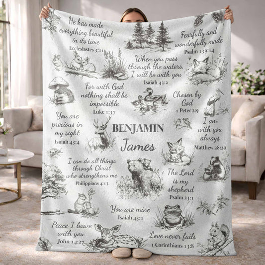 Personalized bible verse kids blanket with forest animals and custom name print