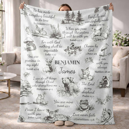 Personalized bible verse kids blanket with forest animals and custom name print
