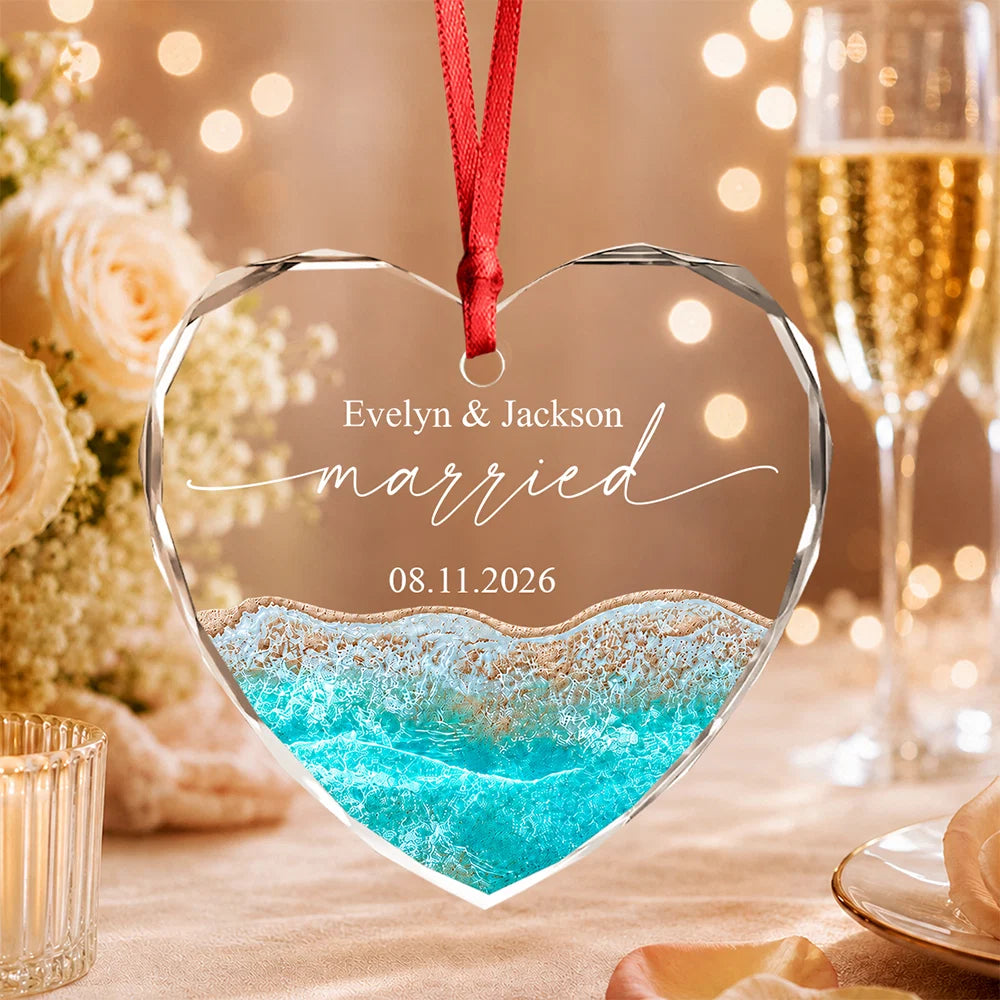 Married Engaged Beach Heart Glass Ornament - Personalized Wedding Keepsake Gift for Couples
