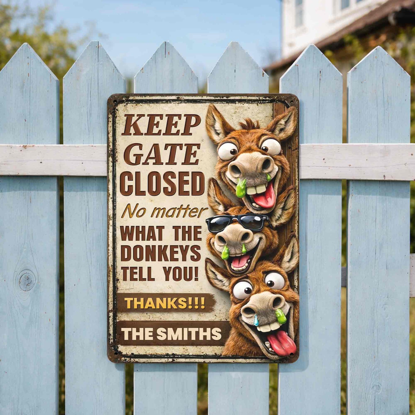 Metal Sign material and size view - Funny Personalized Donkey Farm Gate Metal Sign