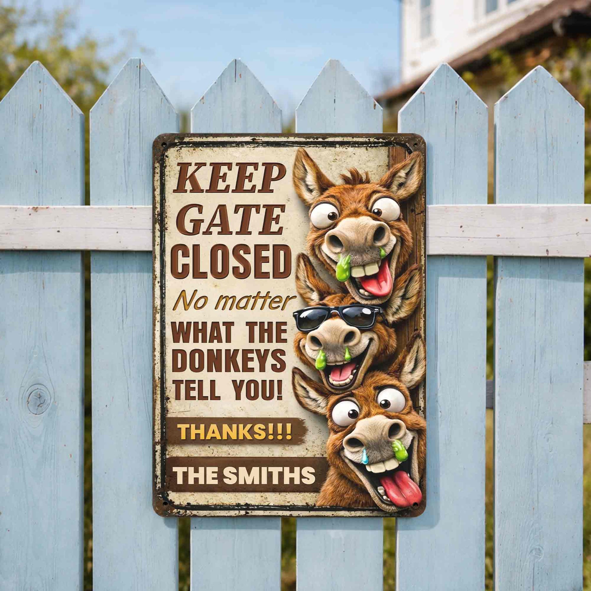Metal Sign material and size view - Funny Personalized Donkey Farm Gate Metal Sign