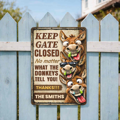Metal Sign material and size view - Funny Personalized Donkey Farm Gate Metal Sign