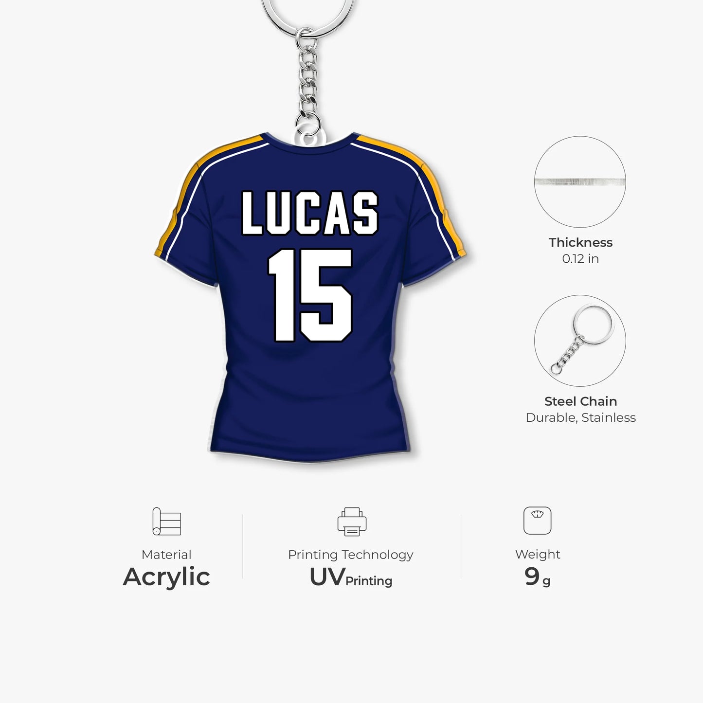 Keychain material and size view - Personalized Soccer Jersey Keychain
