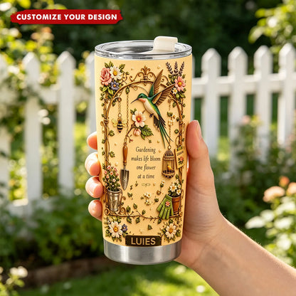 Gardening Makes Life Bloom Personalized Tumbler - Custom Hummingbird Floral Gift