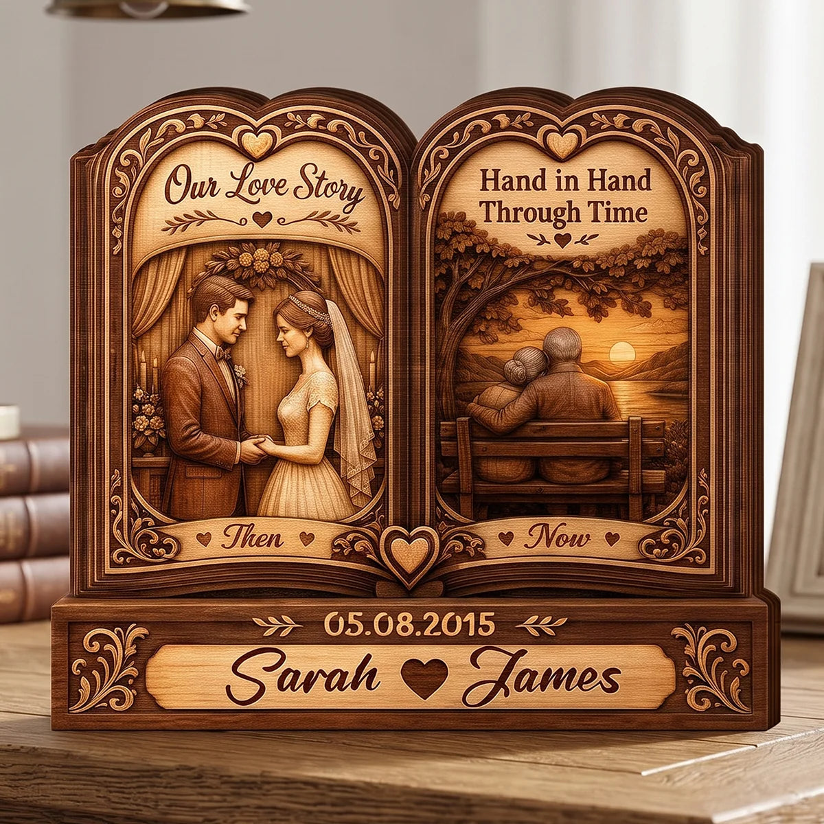 Our Love Story Personalized Wooden Block - Hand in Hand Custom Couple Anniversary Gift for Wife Husband