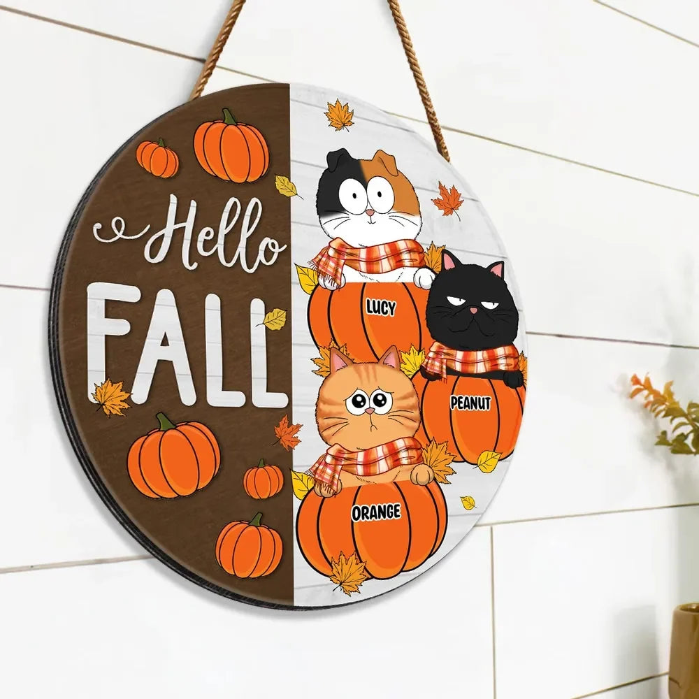 Hello Fall Cute Cats Custom Round Wood Sign - Personalized Autumn Pumpkin Door Hanger Gift for Cat Lovers