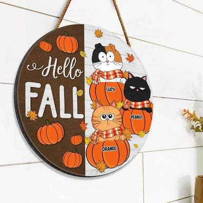 Hello Fall Cute Cats Custom Round Wood Sign - Personalized Autumn Pumpkin Door Hanger Gift for Cat Lovers