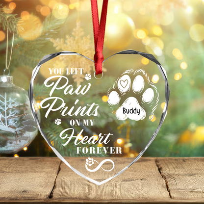 "You Left Paw Prints On Our Hearts Forever" Personalized Glass Ornament - Custom Pet Memorial Keepsake for Dog Lovers