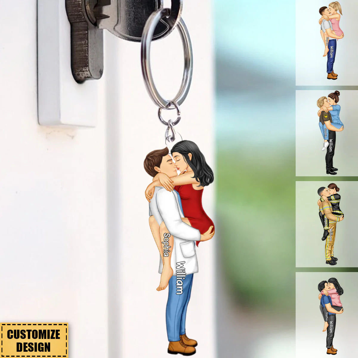 Keychain material and size view - Custom Couple Occupation Keychain