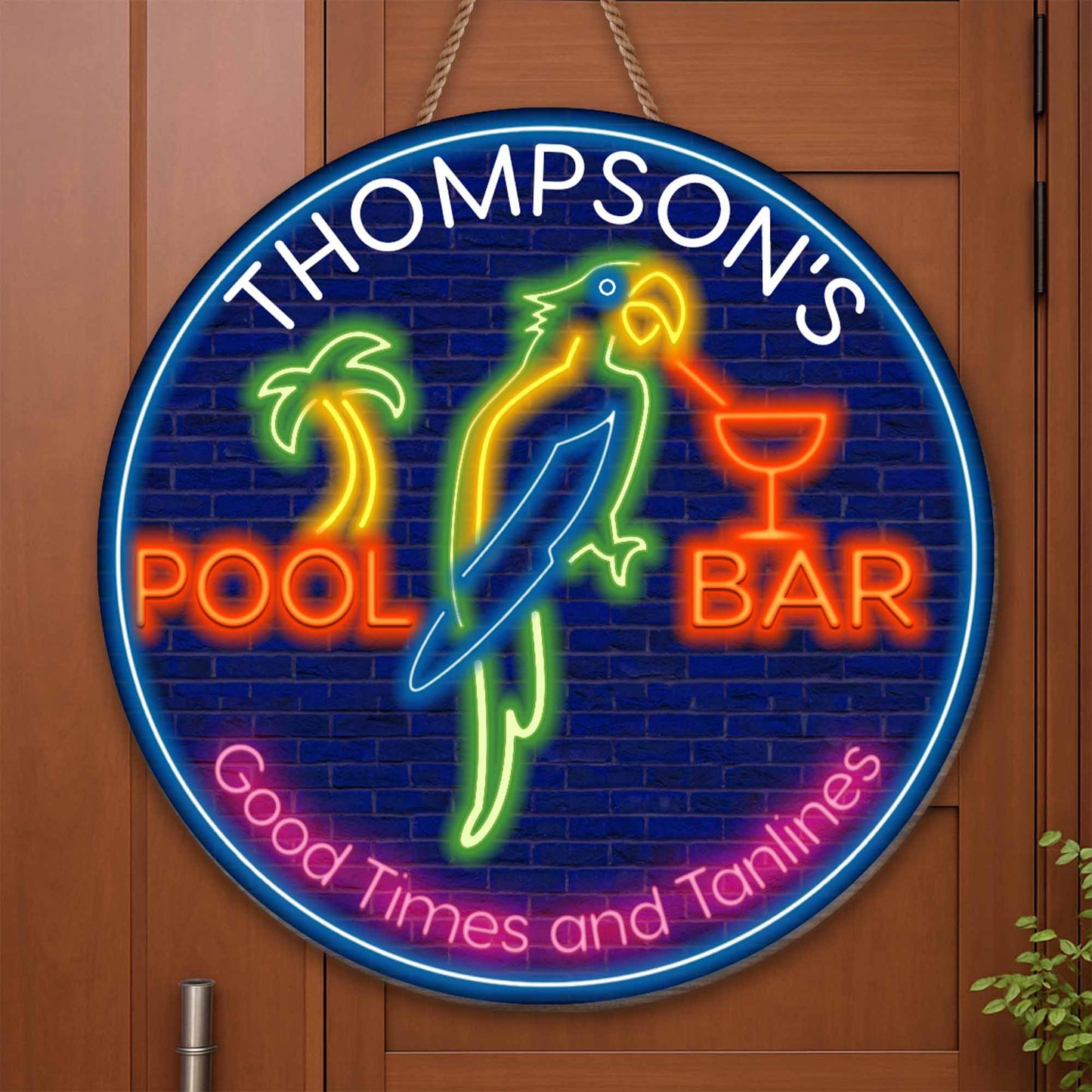 Personalized pool bar wood sign featuring tropical neon parrot design for summer home decor image 6