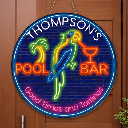 Personalized pool bar wood sign featuring tropical neon parrot design for summer home decor image 6