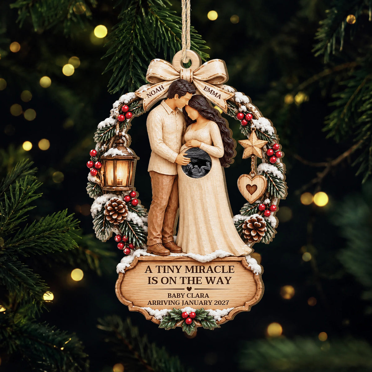 A Tiny Miracle Is On The Way - Personalized Ultrasound Wooden Ornament for Expecting Parents