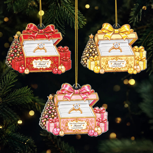 "Our First Christmas Engaged" Personalized Ring Box Acrylic Ornament - Keepsake Gift for Couples
