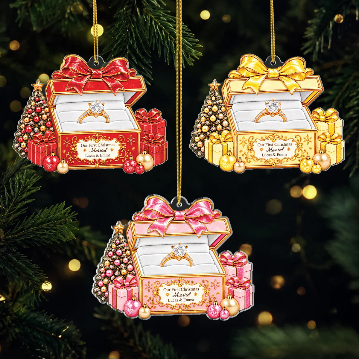 "Our First Christmas Engaged" Personalized Ring Box Acrylic Ornament - Keepsake Gift for Couples