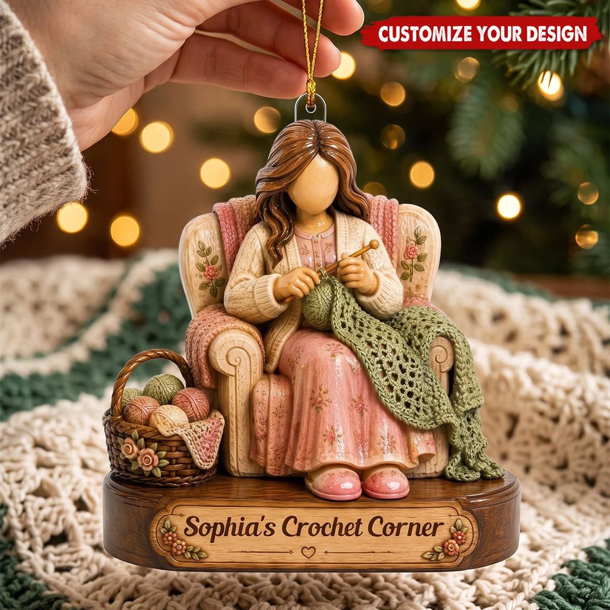 Custom Crochet Corner Wooden Ornament - Personalized Yarn Lover Christmas Gift