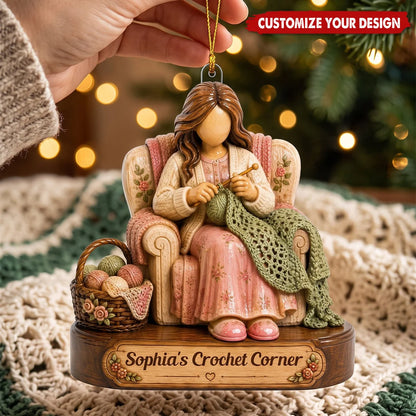 Custom Crochet Corner Wooden Ornament - Personalized Yarn Lover Christmas Gift