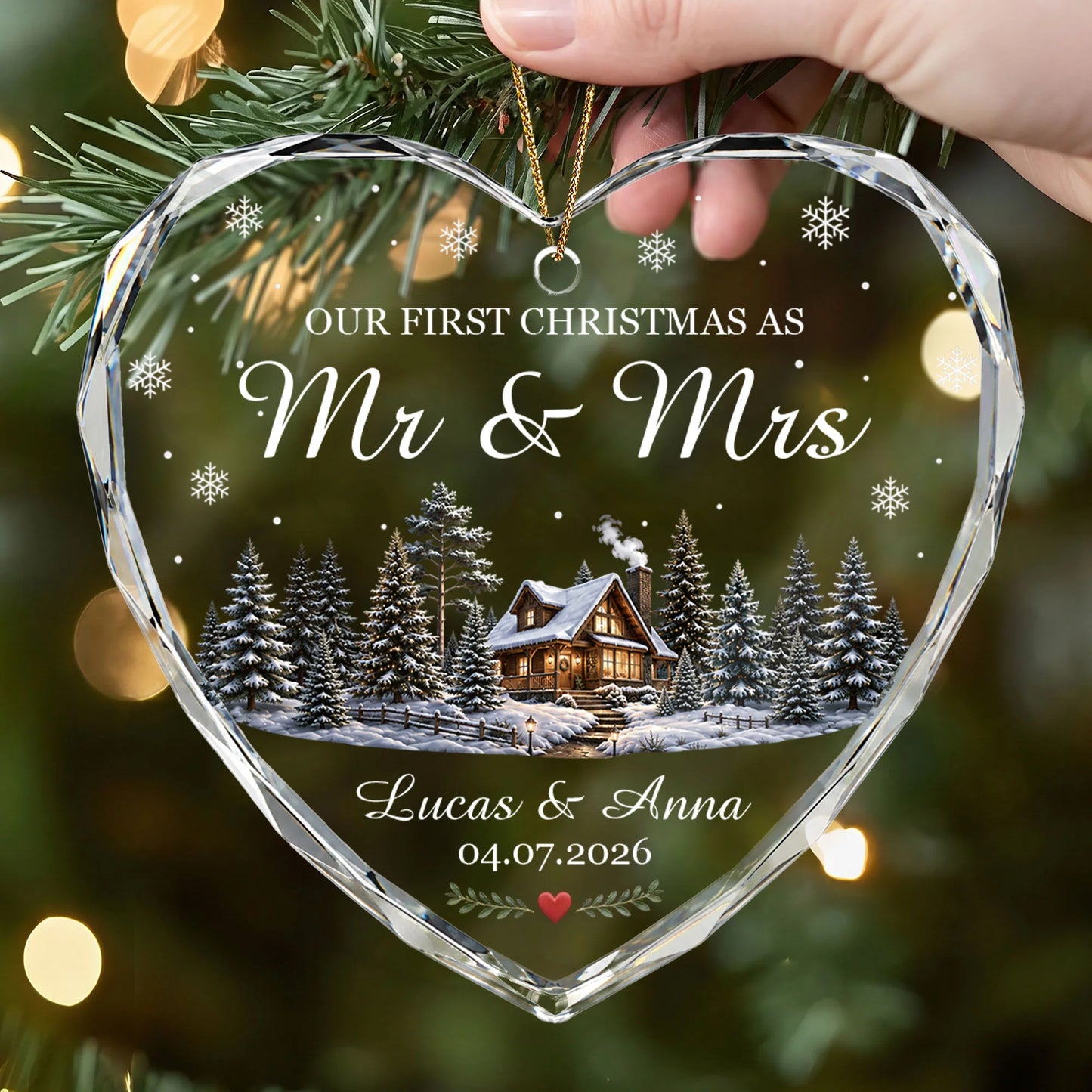 Our First Christmas as Mr & Mrs - Personalized Glass Heart Ornament for Newlyweds