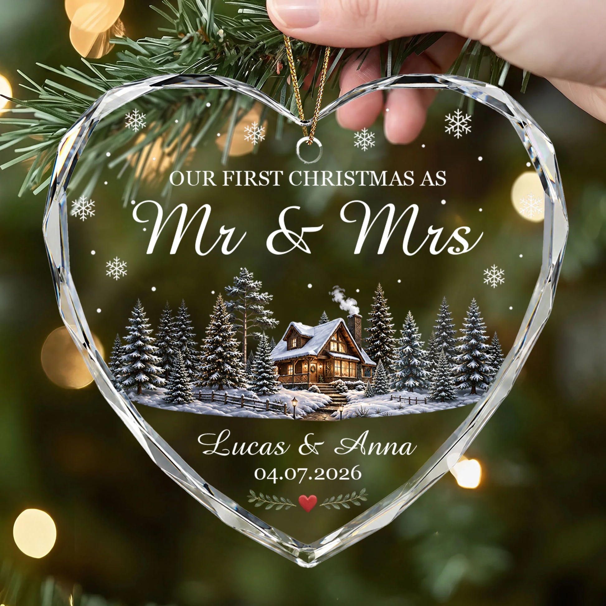 Our First Christmas as Mr & Mrs - Personalized Glass Heart Ornament for Newlyweds
